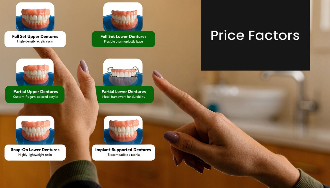 A woman's hands pointing at various types of dental dentures with their corresponding material descriptions displayed.