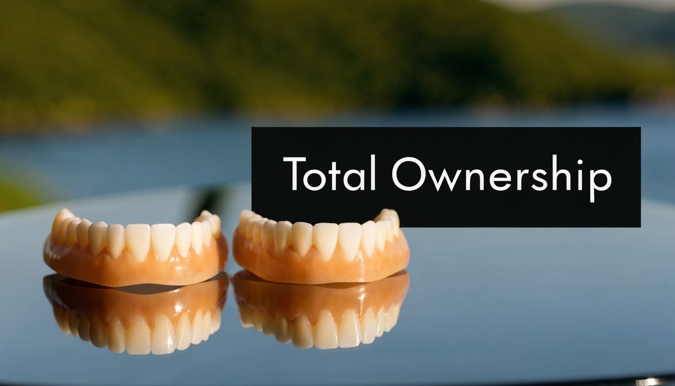 A pair of full dental dentures resting on a reflective surface with a Total Ownership sign.