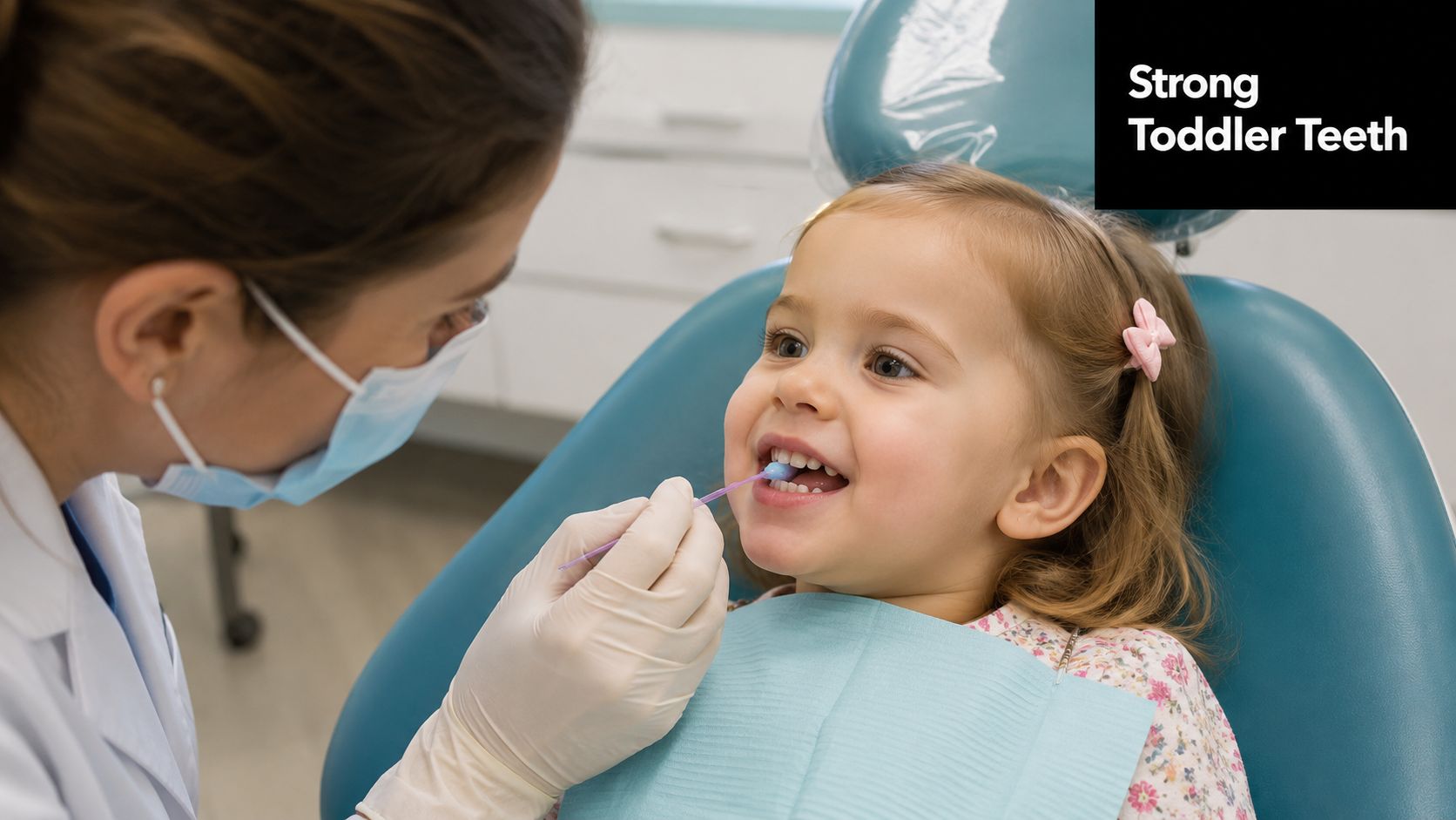 A friendly dentist applying a fluoride treatment to a young toddler's teeth during a dental check up.