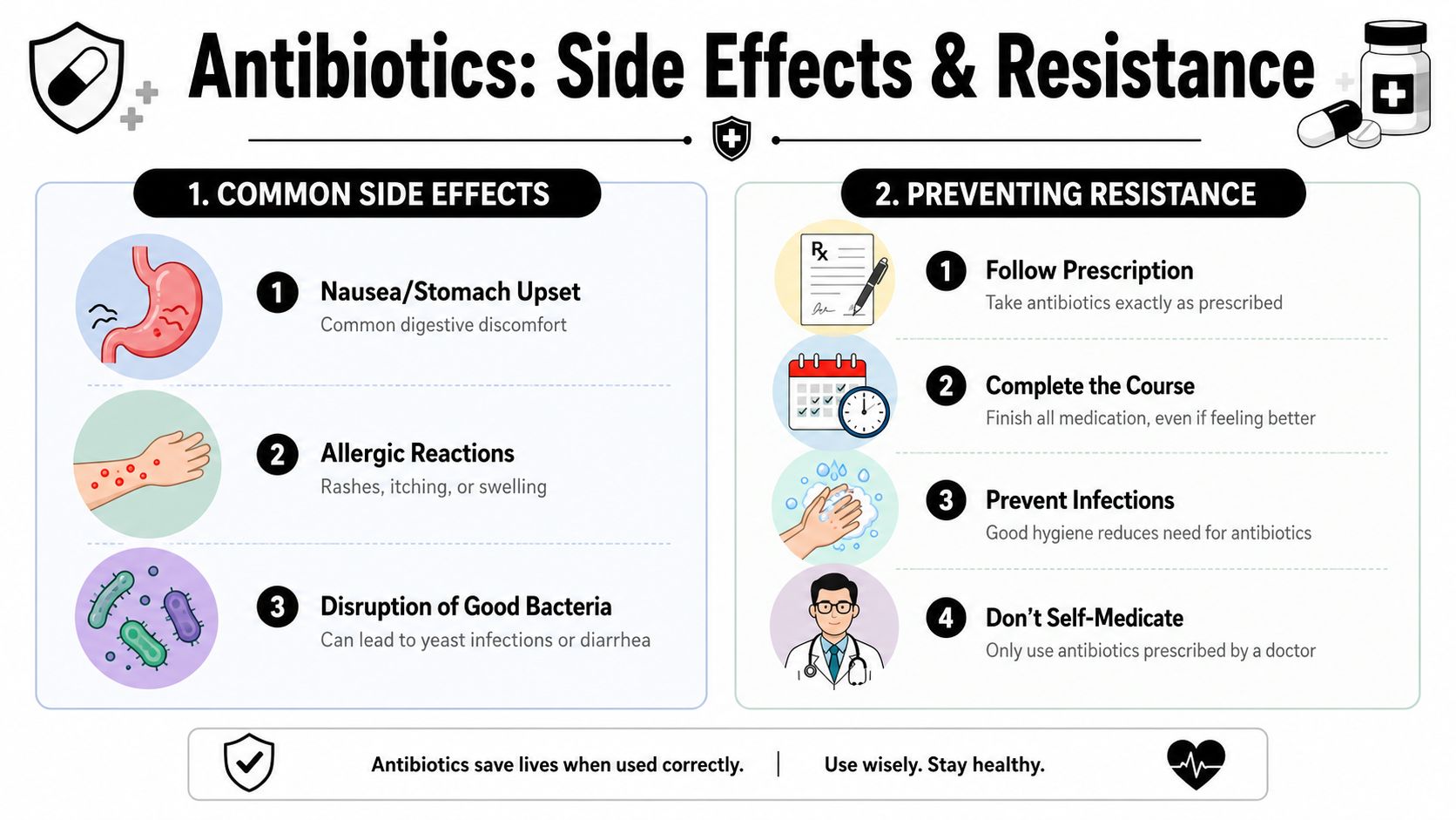 An infographic titled Antibiotics: Side Effects and Resistance, detailing common medical side effects and prevention tips.