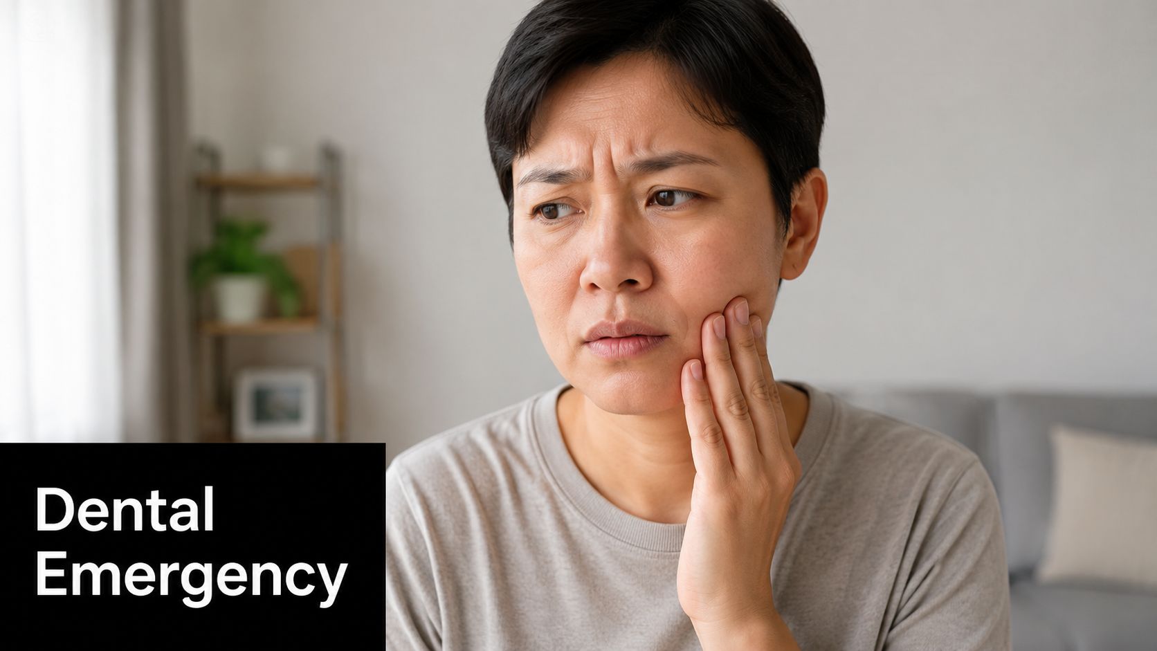 A woman holding her face in pain, suggesting a toothache or dental emergency.