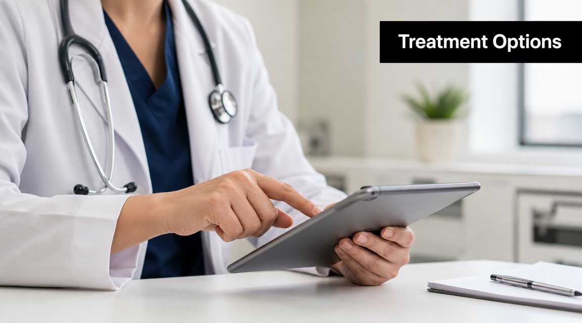 A medical professional in a lab coat and stethoscope reviewing digital records on a tablet computer.