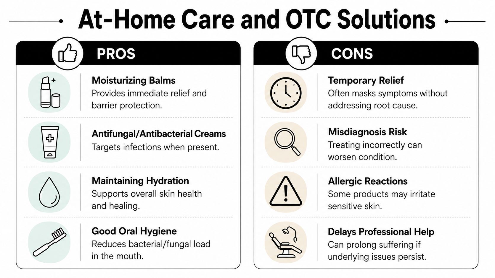 A comparison chart showing the pros and cons of using at-home care and over-the-counter solutions for mouth issues.