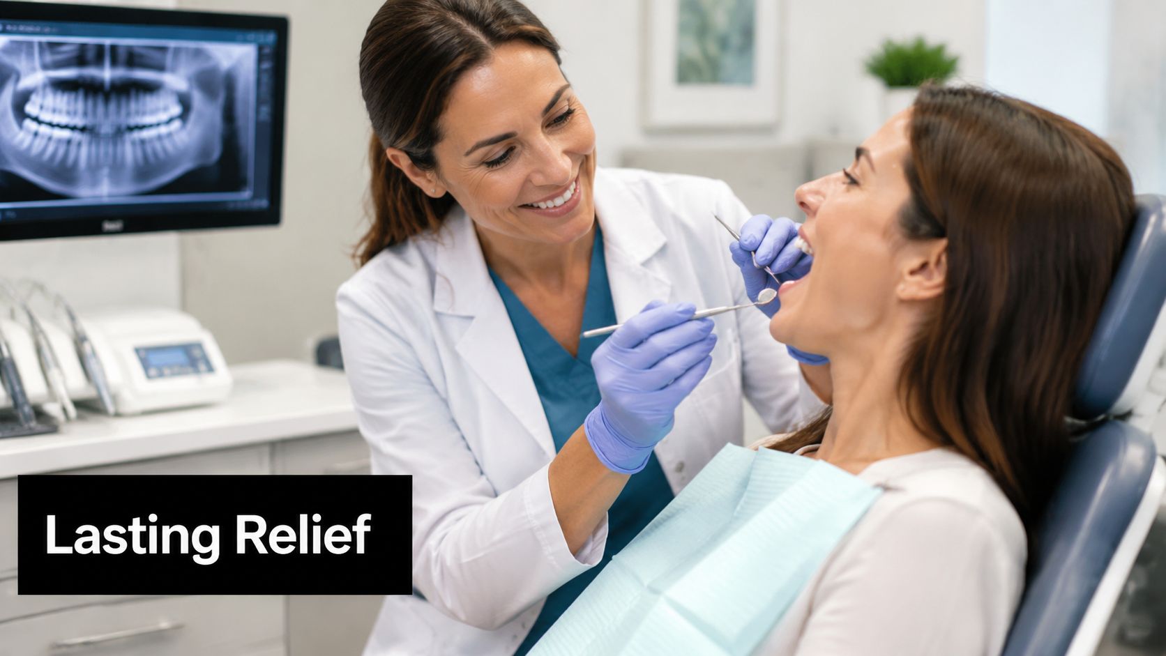 A female dentist smiling while examining a female patient's teeth in a professional dental clinic setting.