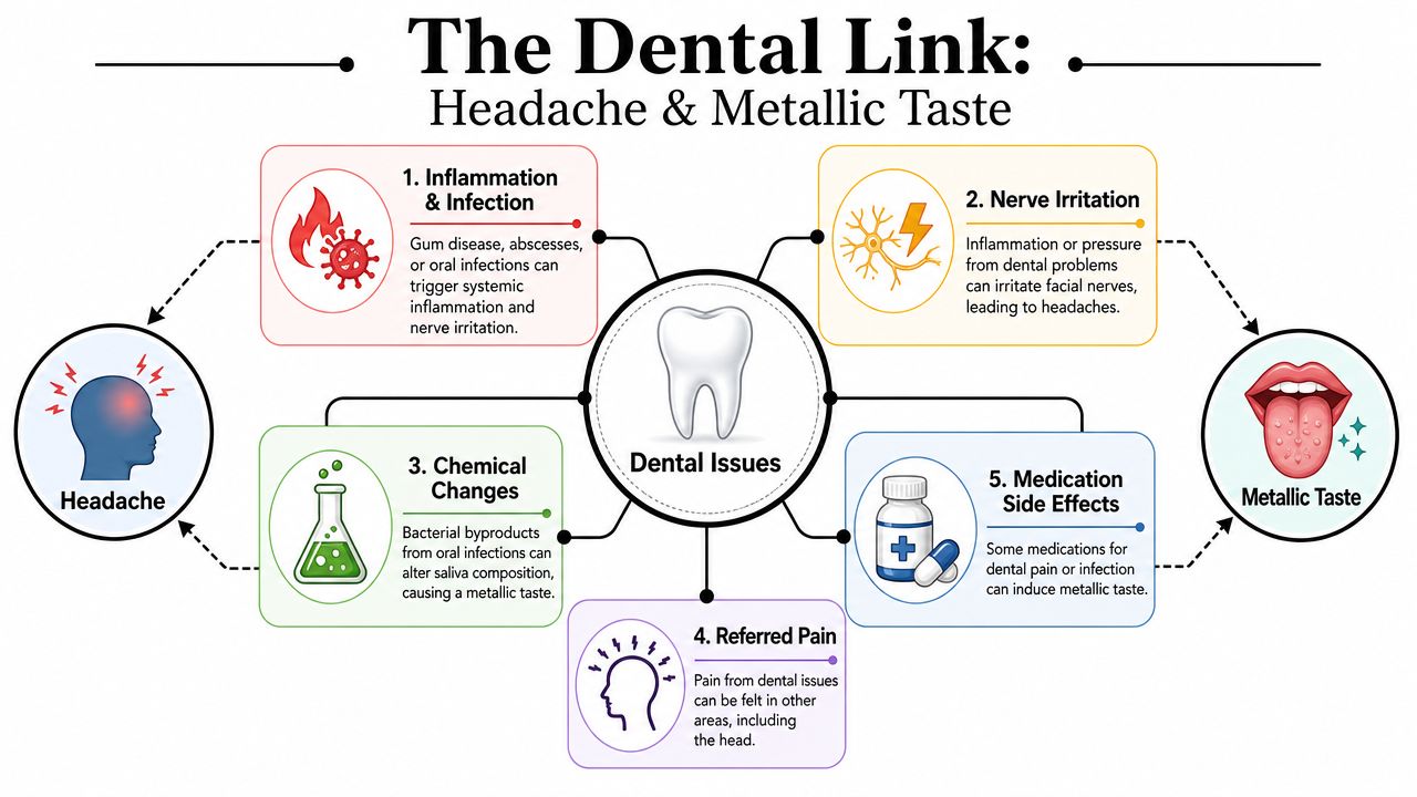 An infographic showing how dental issues can cause symptoms like headaches and a metallic taste in mouth.