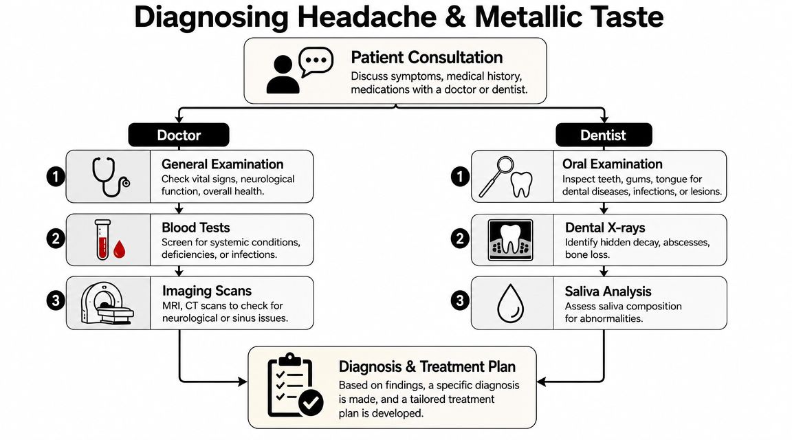 A diagnostic flowchart showing the step-by-step medical and dental process for investigating headaches and metallic taste symptoms.