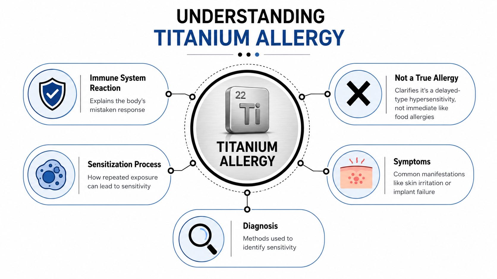 An infographic titled Understanding Titanium Allergy showing key aspects like immune reactions, sensitization, symptoms, and diagnostic methods.
