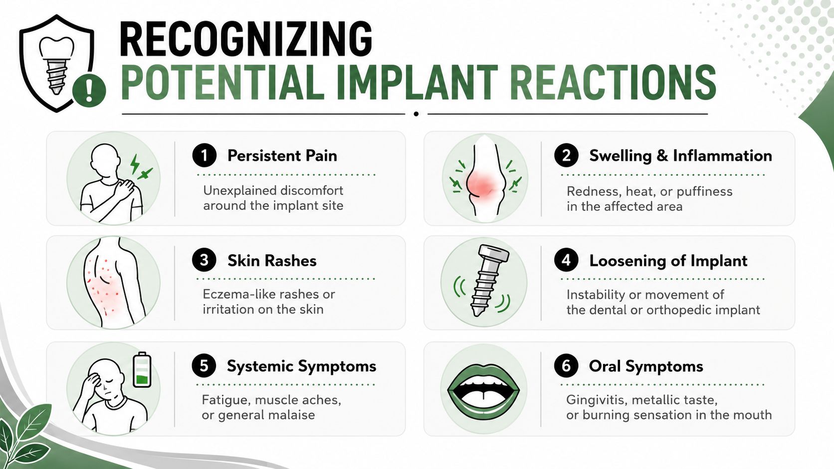 An infographic showing six potential symptoms of an allergic reaction or complication to a medical implant.