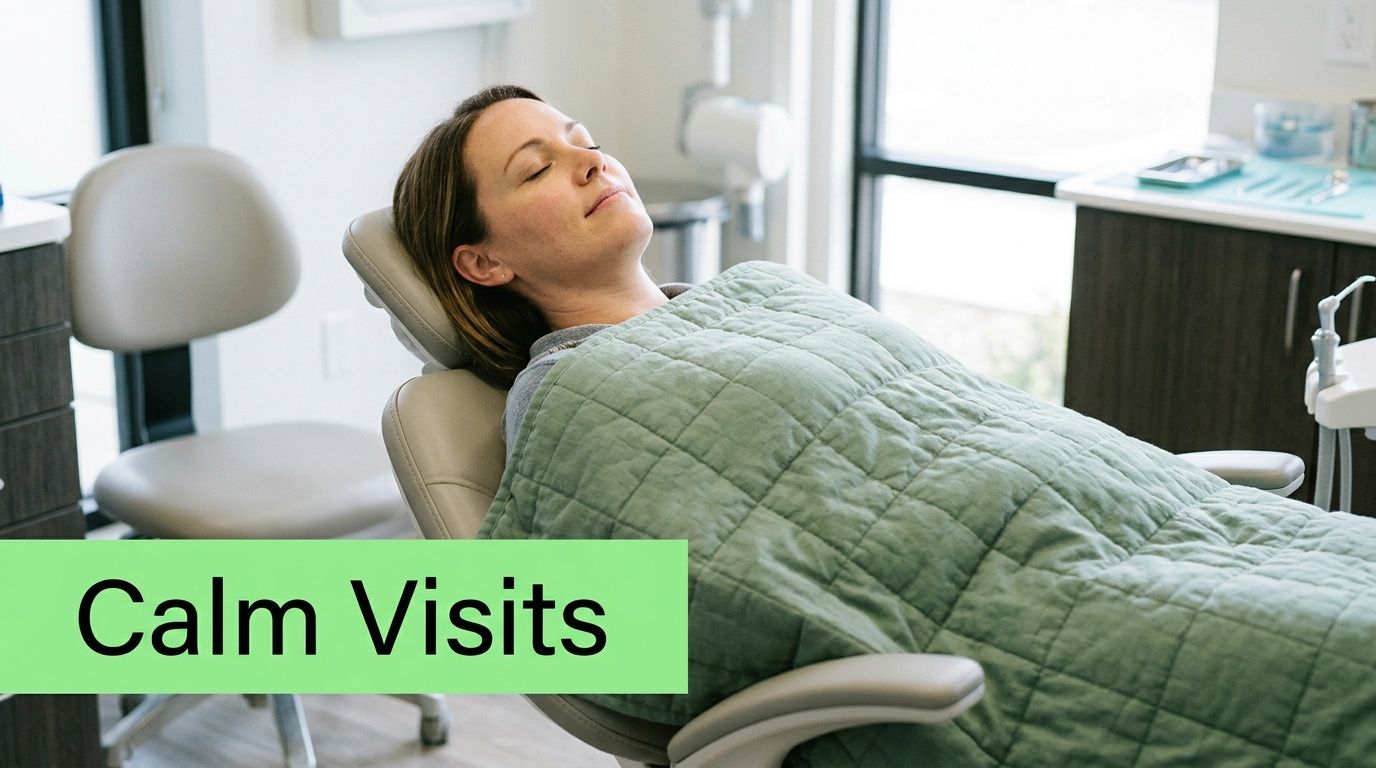 A relaxed patient resting under a weighted green blanket in a comfortable dental office exam chair.