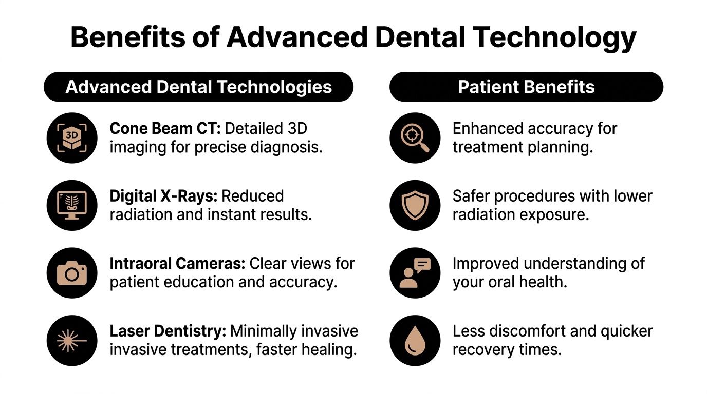 An infographic titled Benefits of Advanced Dental Technology highlighting how modern equipment improves patient treatment and outcomes.