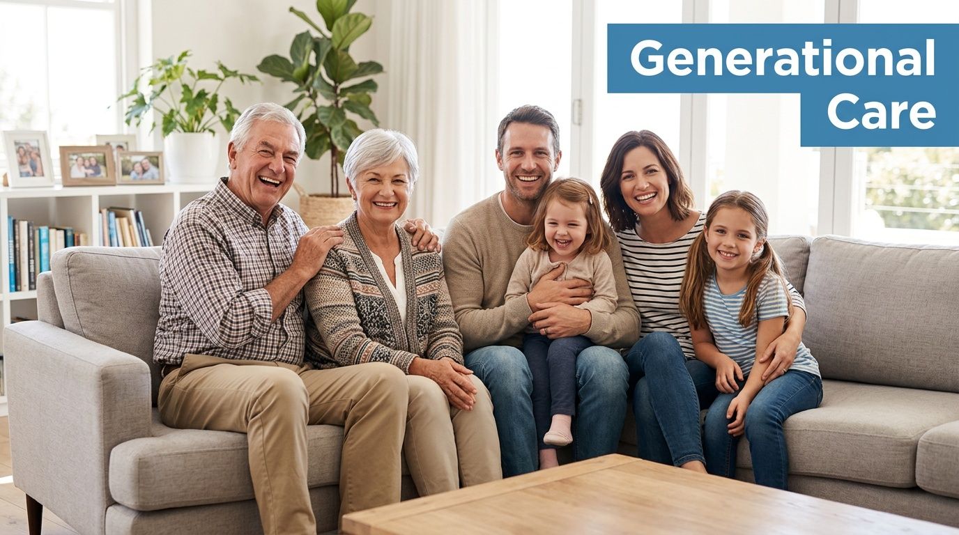 A happy multi-generational family including grandparents, parents, and two children sitting together on a comfortable sofa.