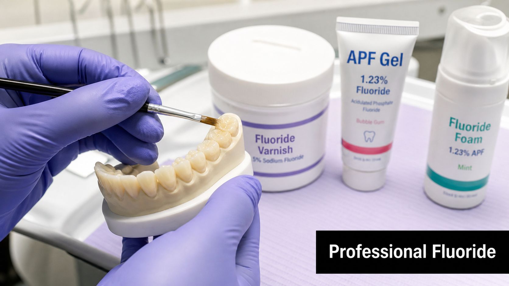 A dental professional in blue gloves applying fluoride varnish to a model set of teeth in a clinic.