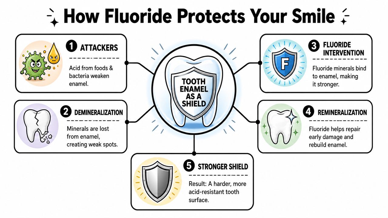 A diagram explaining how fluoride protects tooth enamel through demineralization, remineralization, and forming an acid-resistant shield.