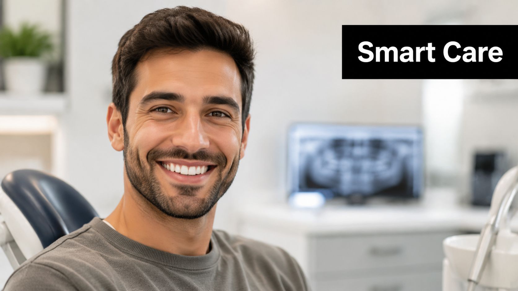 A smiling young man sitting in a dental chair with a panoramic dental X-ray displayed in background.