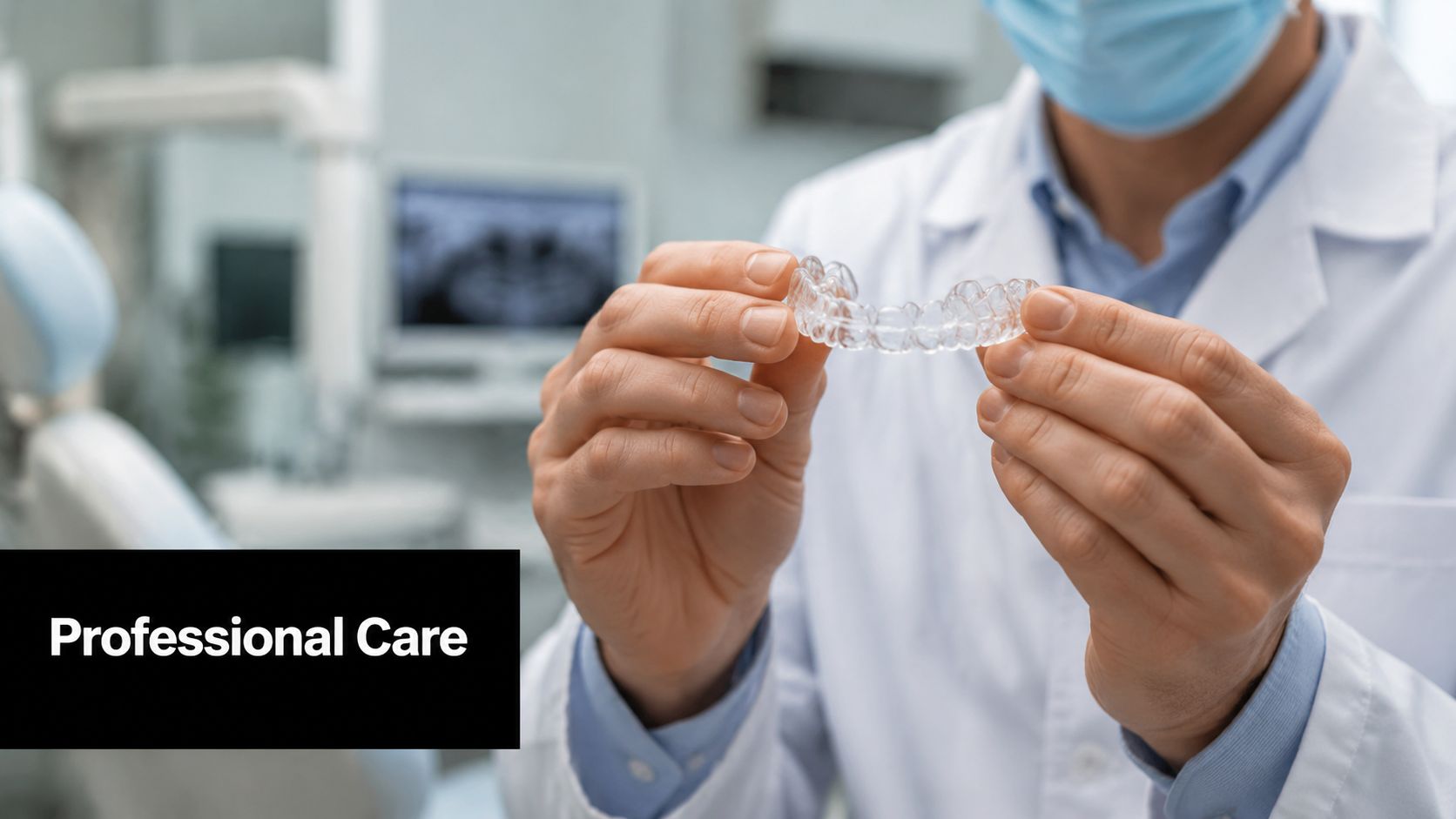 A dentist wearing a medical mask holding a clear dental aligner in a professional office setting.