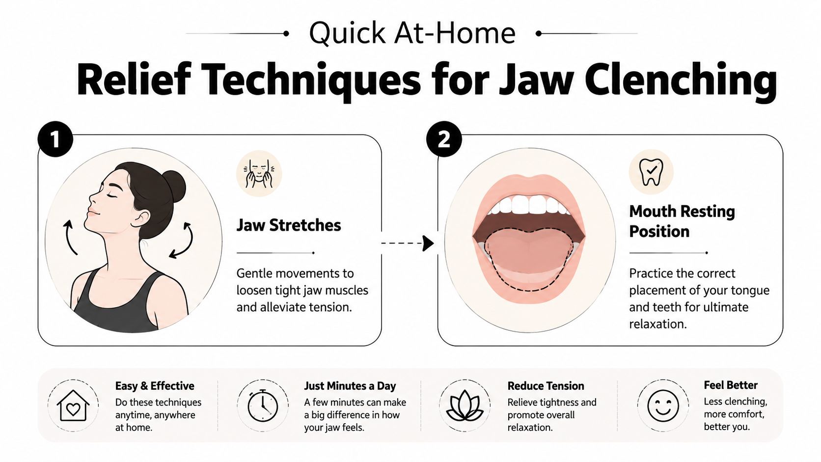 An infographic showing two at-home relief techniques for jaw clenching, including jaw stretches and correct mouth resting position.