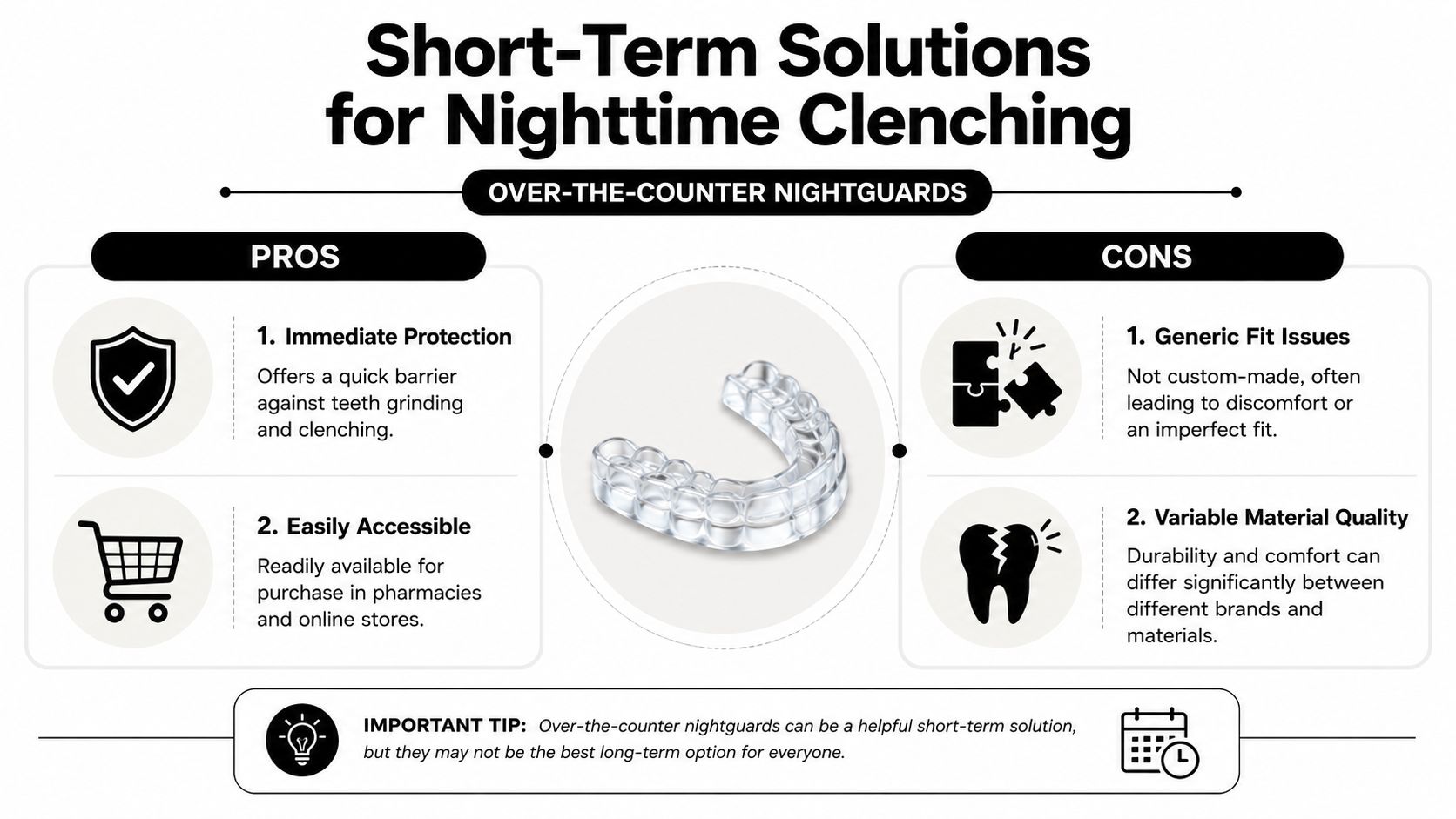 An infographic detailing the pros and cons of using over-the-counter nightguards for nighttime jaw clenching relief.