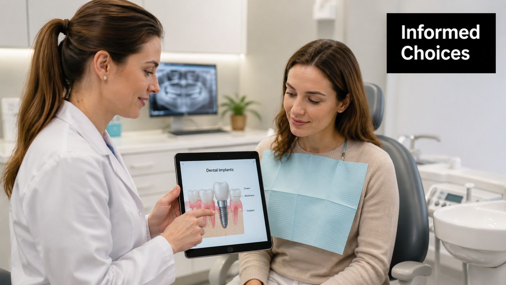 A dentist shows a dental implant diagram on a digital tablet to a patient in an office.