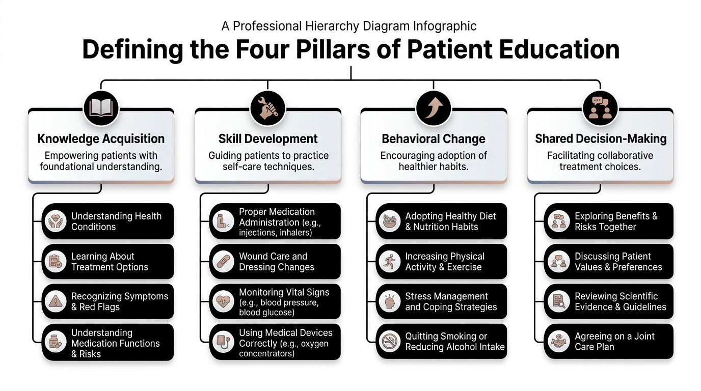 An infographic titled Four Pillars of Patient Education outlining knowledge, skills, behavior, and decision-making.