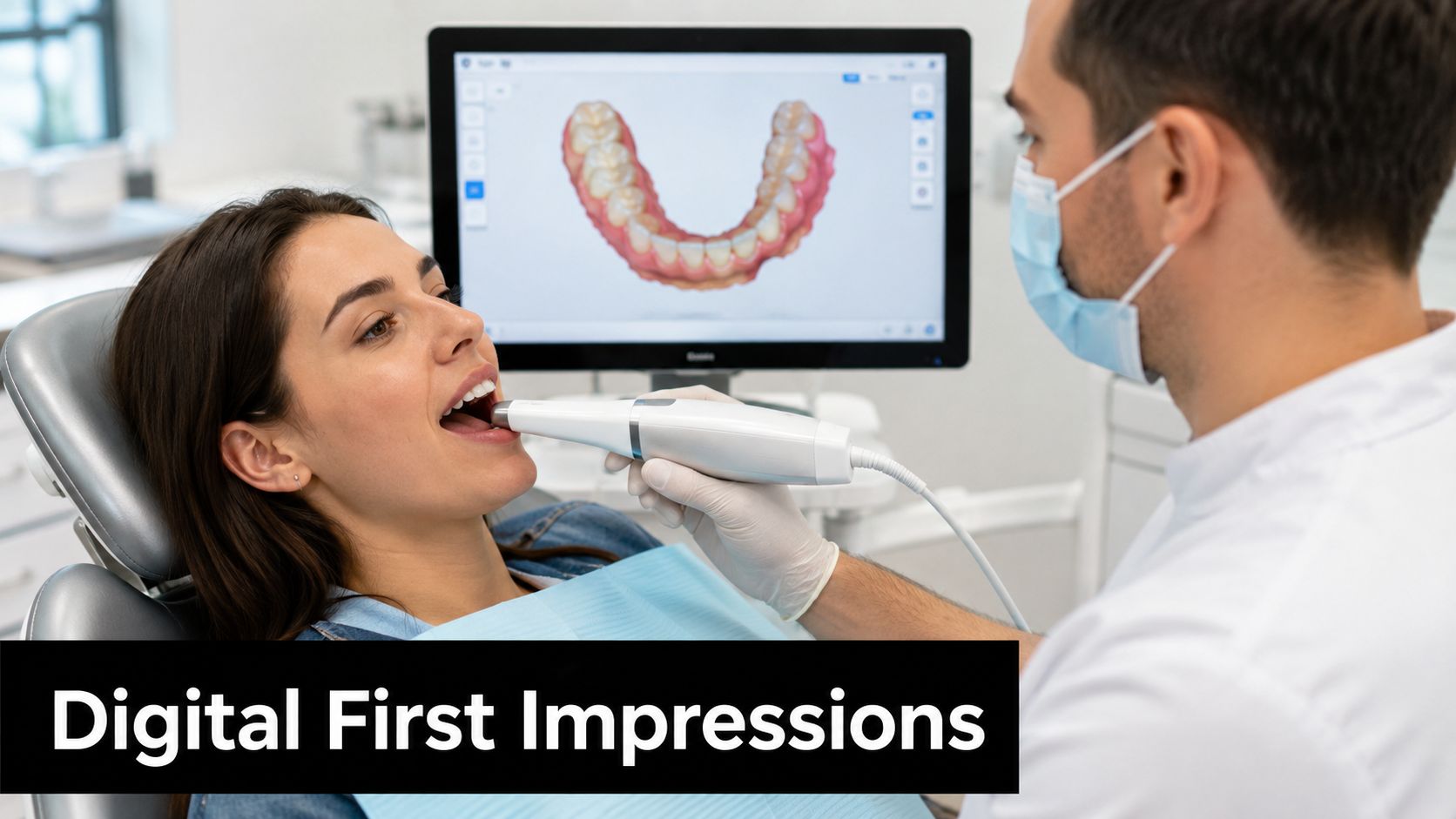 A dentist performing a digital dental scan on a female patient in a modern clinical office setting.
