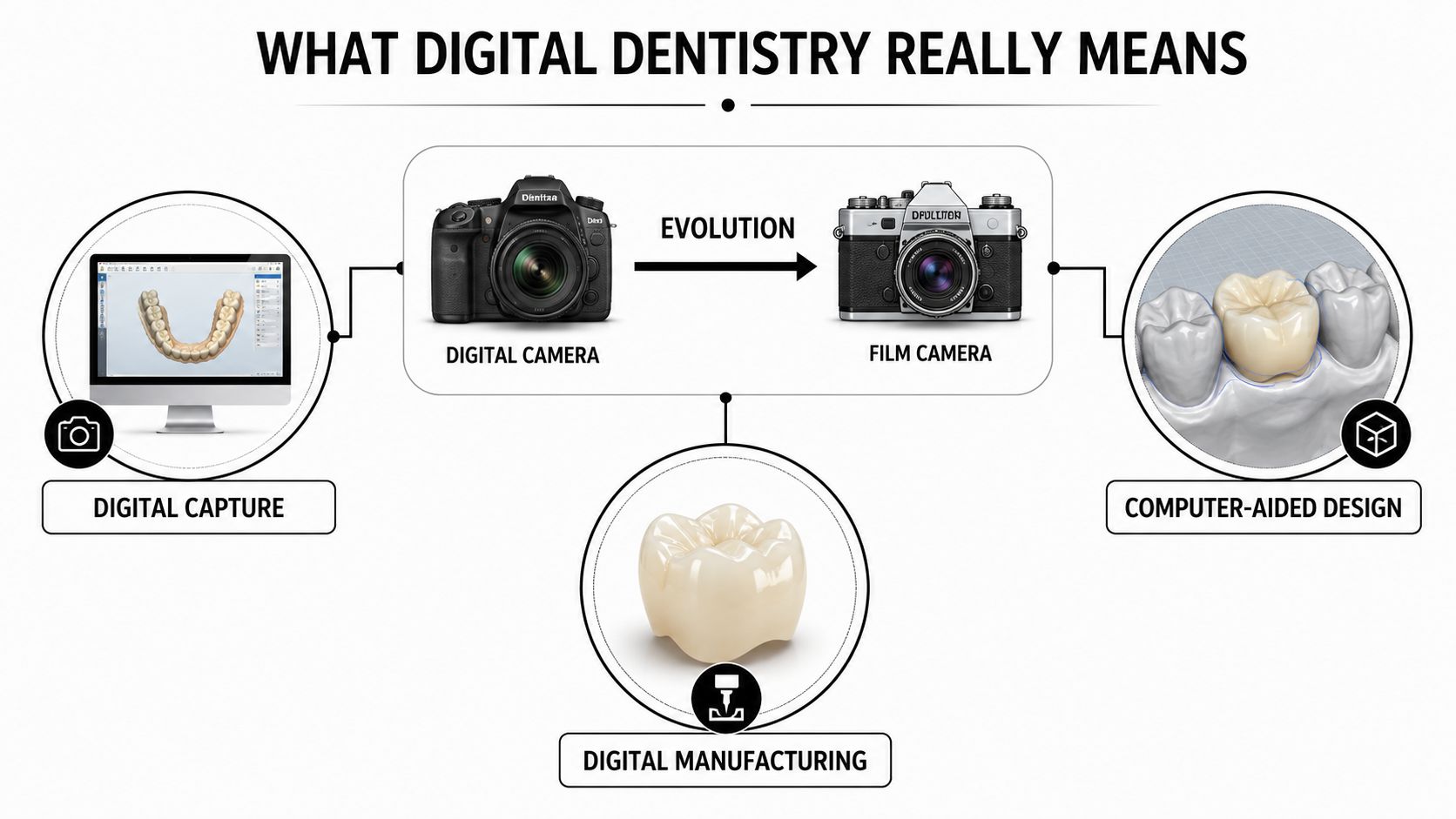 An infographic illustrating digital dentistry, featuring digital capture, computer-aided design, and digital manufacturing processes for dental crowns.