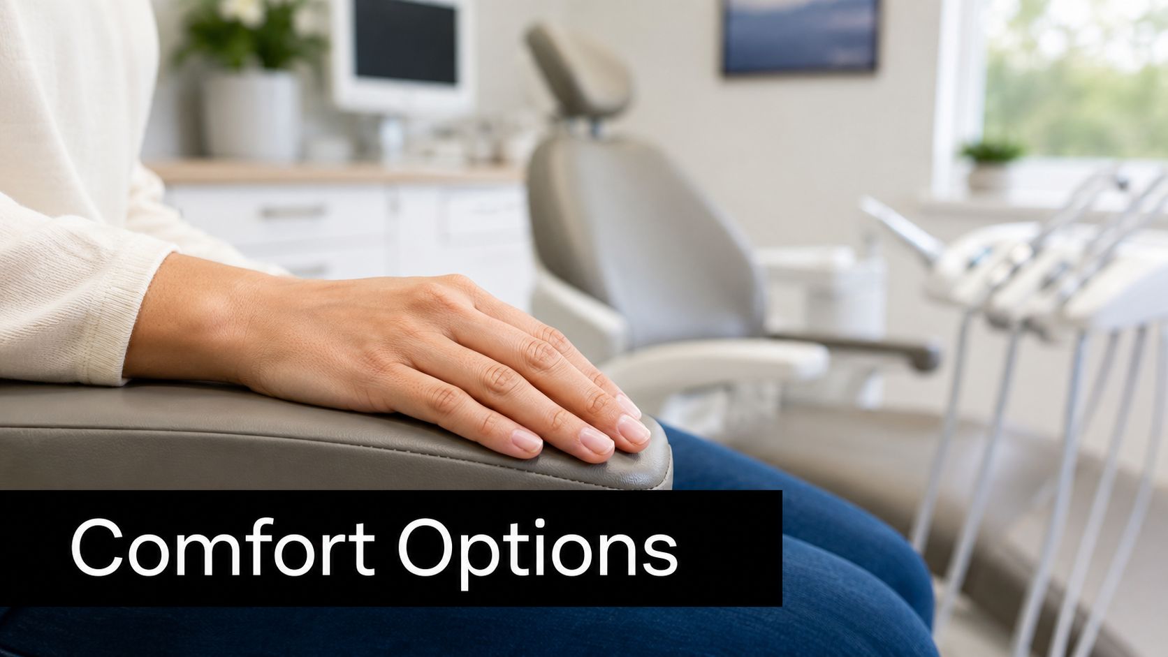 A patient relaxing in a dental office chair with their hand resting on the armrest.