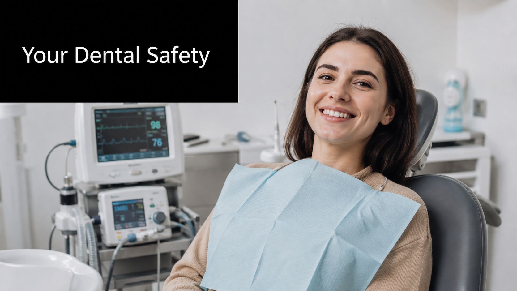 A smiling patient sitting in a dental chair with medical anesthesia monitoring equipment visible nearby.