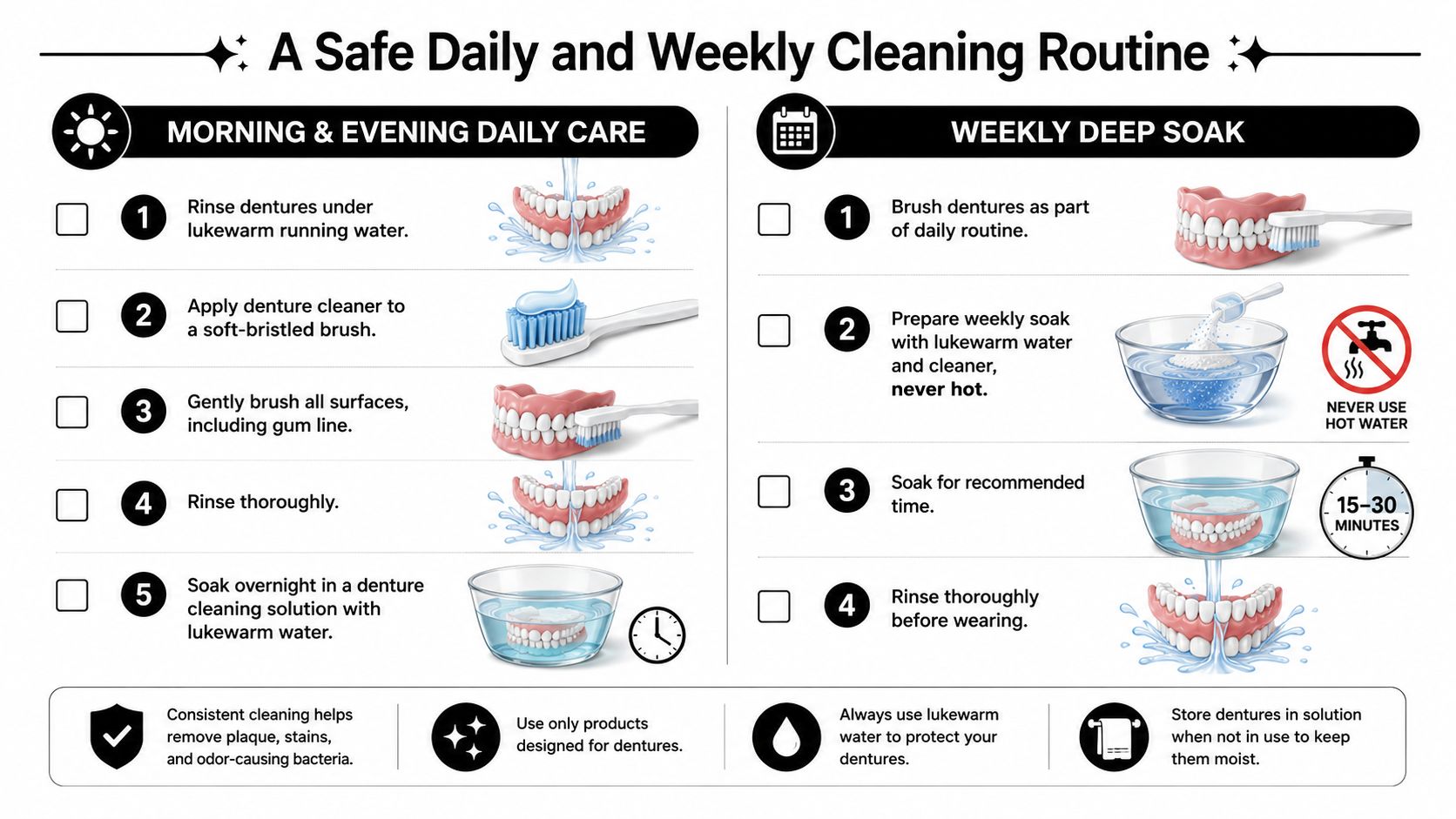 An instructional infographic detailing safe daily and weekly cleaning routines for maintaining dentures properly.