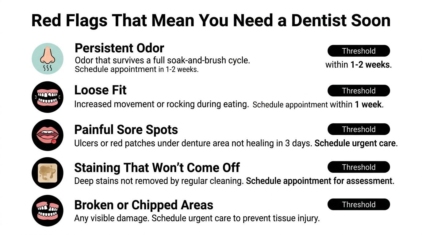 A dental infographic detailing five red flags in denture care that require a professional dental appointment.