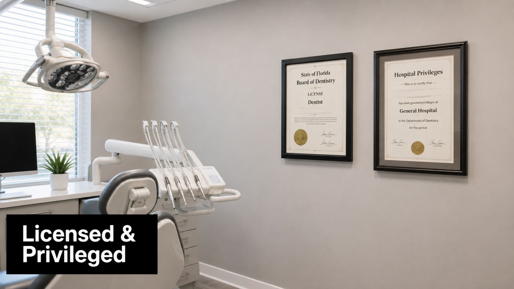 Two framed certificates, a dental license and hospital privileges, hanging on an office wall near dental equipment.