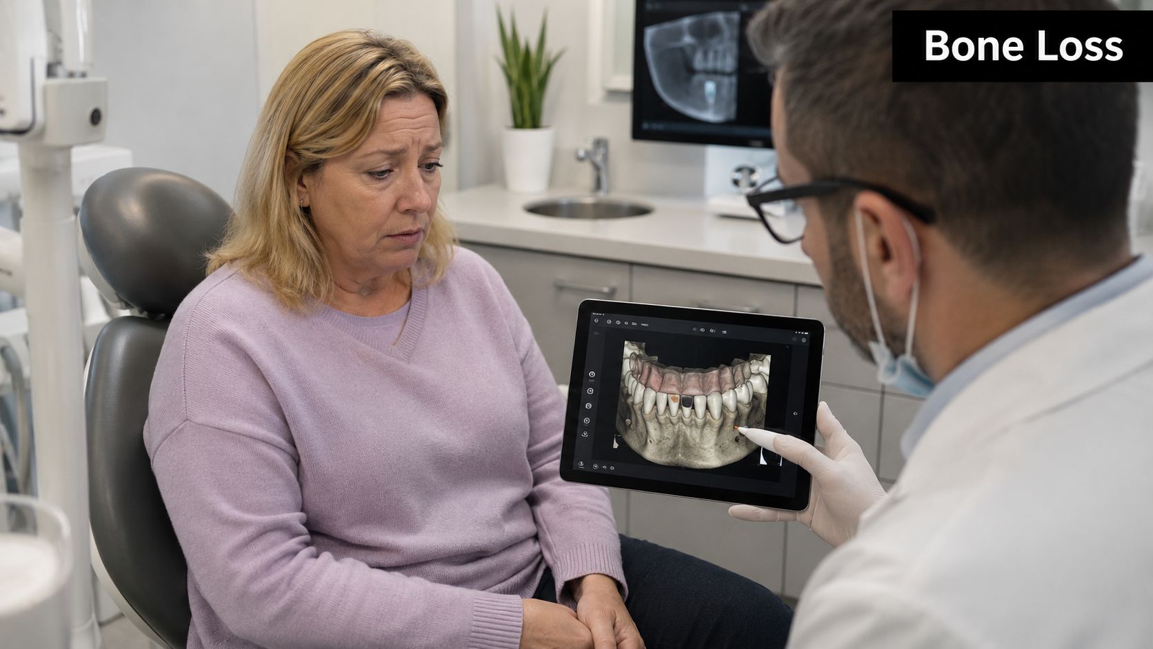 A dentist shows a digital 3D dental scan of bone loss to a patient during consultation.