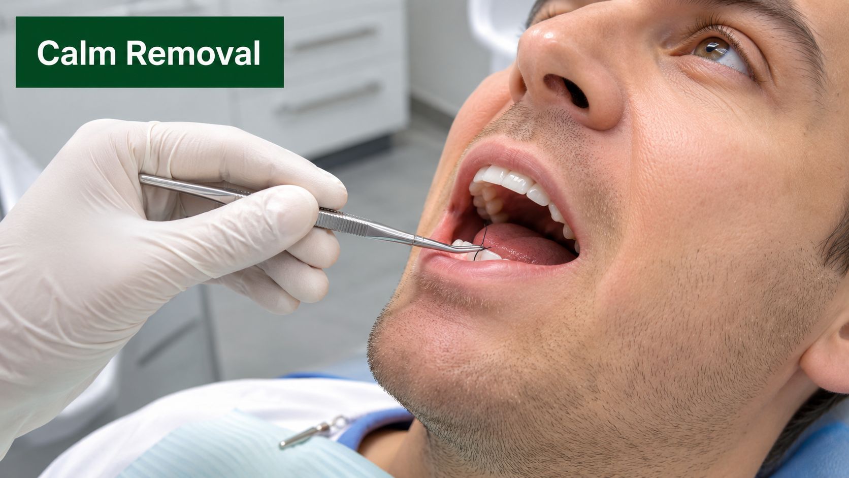 A dentist wearing gloves uses a dental instrument to perform a suture removal for a male patient.