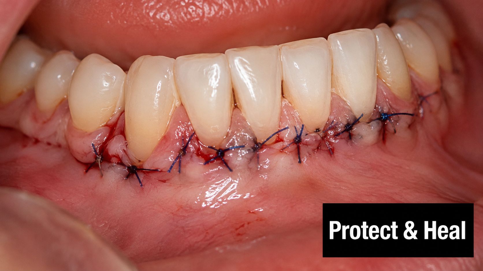 Close-up of human gums with blue surgical stitches following a recent periodontal gum grafting procedure.